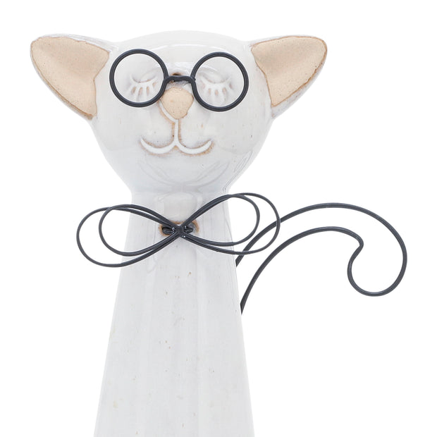 Cer, 11"h Cat W/ Glasses, Beige