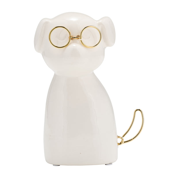 Cer 7"h, Puppy With Gold Glasses, Wht