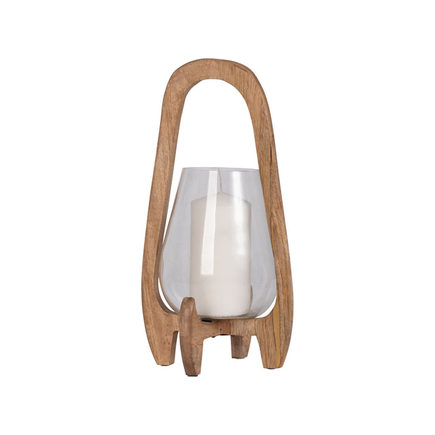 15"h Glass Lantern W/ Wood Handle, Natural