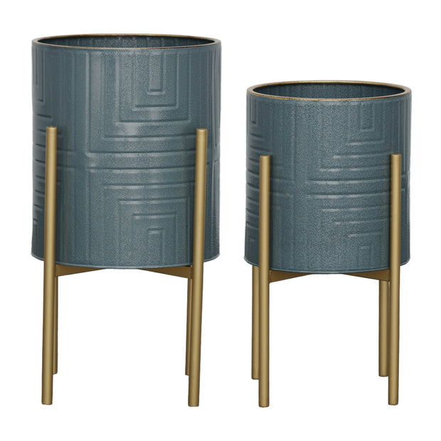 S/2 Planter On Metal Stand, Slate Blue/gold