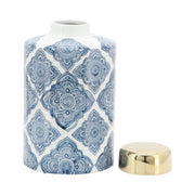 Cer, 9" Floral Jar With Gold Lid, Blue
