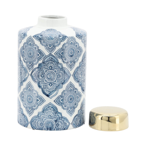 Cer, 9" Floral Jar With Gold Lid, Blue