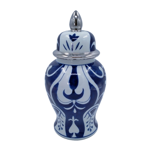 Ec Cer,14" White/blue Temple Jar, Silver