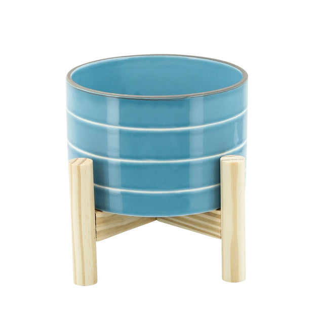 6" Striped Planter W/ Wood Stand, Skyblue