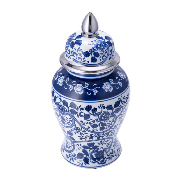 Ec Cer,14"blue/white Temple Jar, Silver