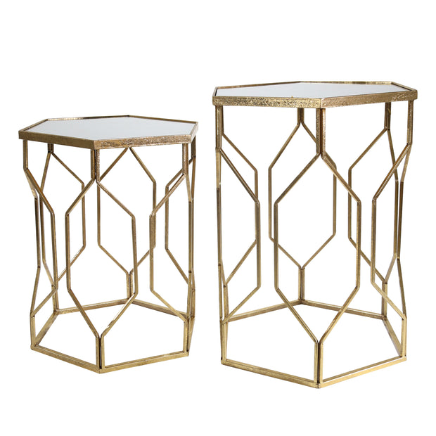 S/2 Mirrored Hexagon Accent Tables 25/21" Gold